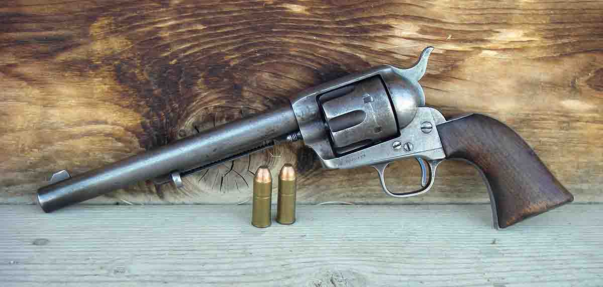 The .45 Colt was developed in 1872 and first chambered for the Colt Single Action Army revolver in 1873. These two examples were produced in 1875 (left) and 1887 (below). These black-powder guns should not be fired with smokeless powder loads.